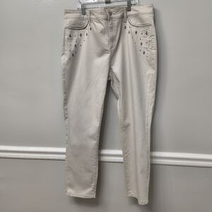 NYDJ High Rise Cream Beige Studded Embellished Ankle Jeans Size 16 Casual